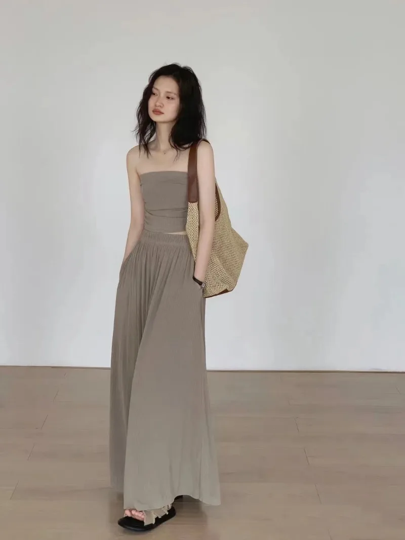 

2024 Spring New Fashion Solid Color Shirt Sleeveless Bra Long Wide Legged Pants Explosive Street Luxury Three Piece Set