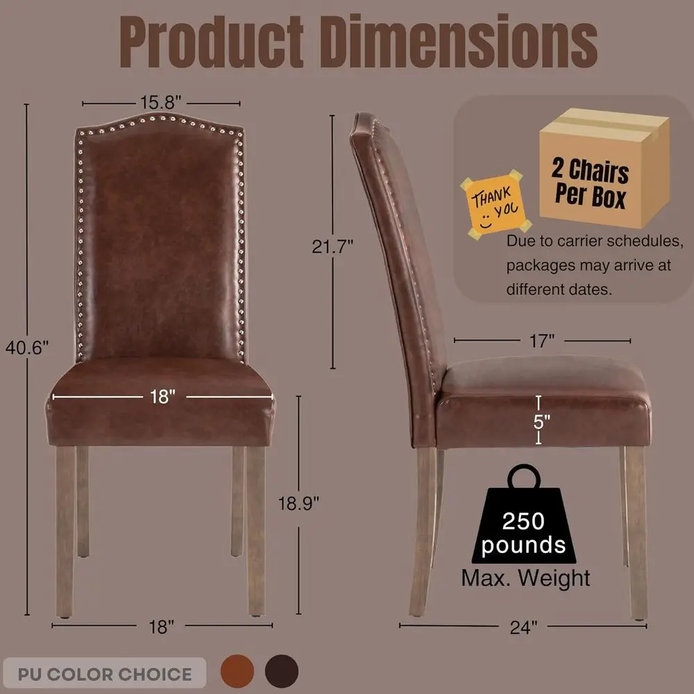 كراسي بارسونز حديثة مكونة من قطعتين من البولي يوريثان باللون البني الفاتح مع زخرفة رأس أظافر فضية وأرجل خشبية