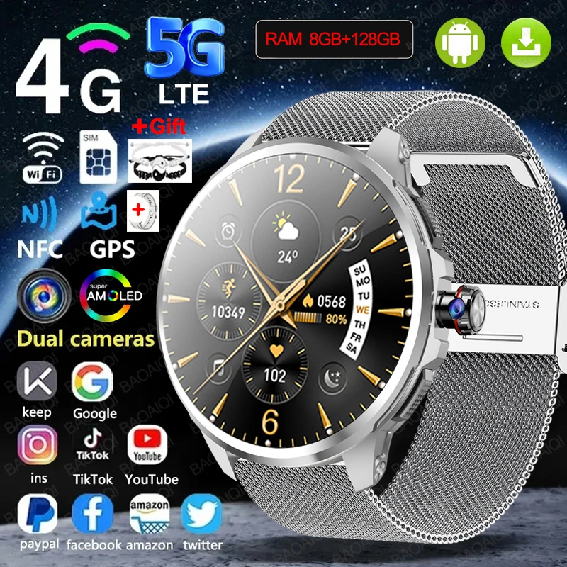 5G/4G All-Network Smart Watch 1.95 inch AMOLED 2100mah Battery 8GB+128GB RAM 900W Camera GPS WIFI Google APP Download Smartwatch