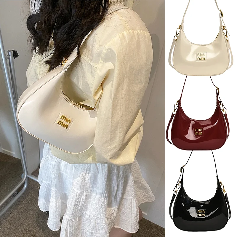 Women's patent leather underarm shoulder bag - high gloss luxury style shoulder wallet, edgy sweet solid color mini tote bag-tan