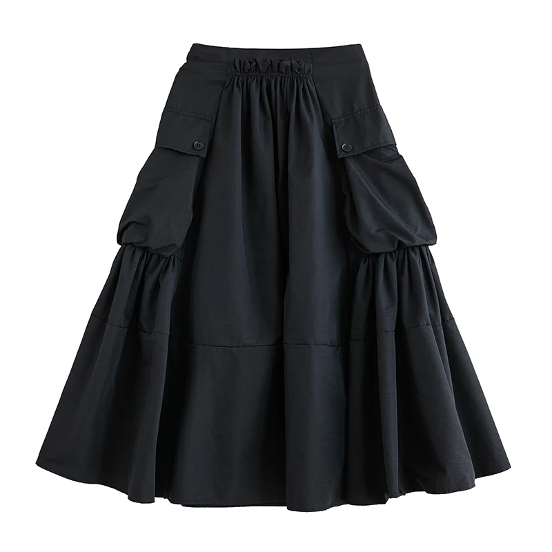 Gonna a trapezio a pieghe a vita alta Abbigliamento da lavoro patchwork da donna Vestibilità ampia con grandi kets Primavera Autunno Nuovo Sle