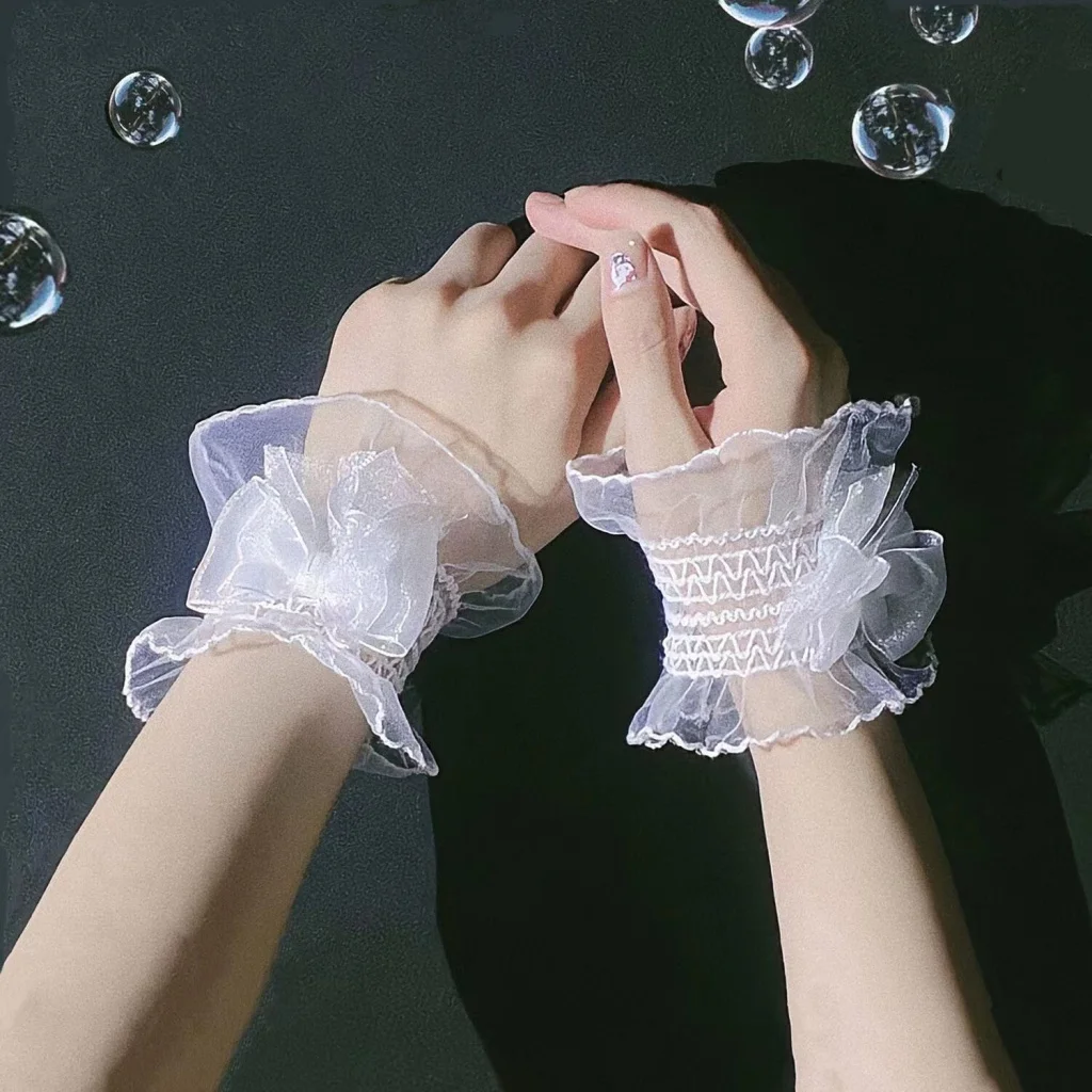 

Lolita Loli Sweet False Sleeve Wrist Cuffs Fashion Bow Mesh Tulle Lace Gloves for Women Girls Wedding Party Bracelet Wristband