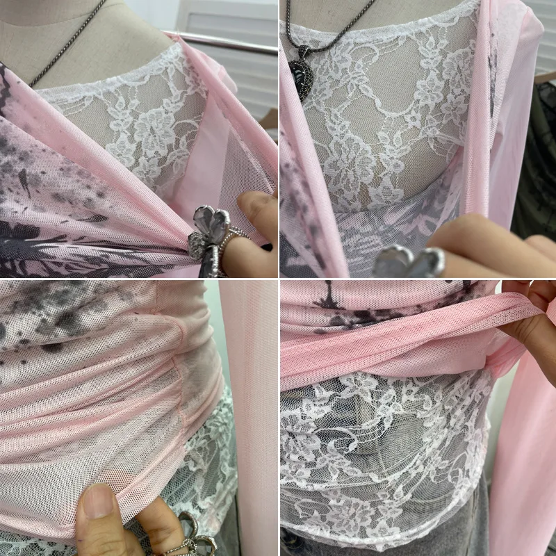 ผู้หญิงสบายๆลูกไม้ Splicing ตาข่ายเสื้อยืดแขนยาว Retro พิมพ์ฮาโลวีนปลอม 2 ชิ้น Swing COLLAR SLIM FIT ด้านในด้านบน 8035