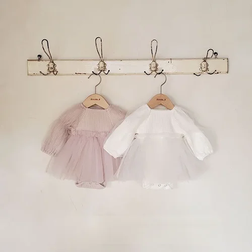 MILANCEL 유아 레이스 핏 스트라이프 긴팔 점프수트, 유아 원피스 바디 수트, 봄 신상