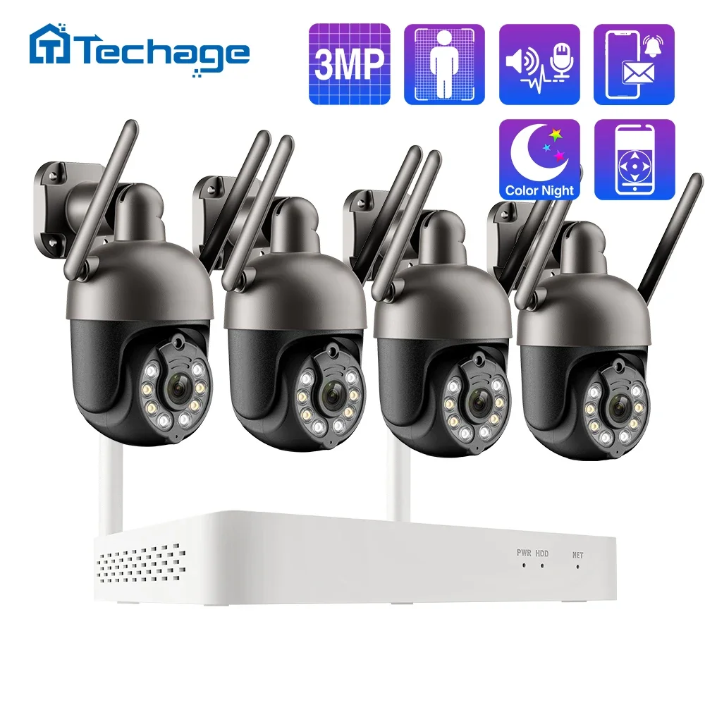 Techage 3MP Tuya NVR PTZ Wireless CCTV System Two Way Audio WIFI IP Security Camera 8CH P2P Video Surveillance Kit Human Detect