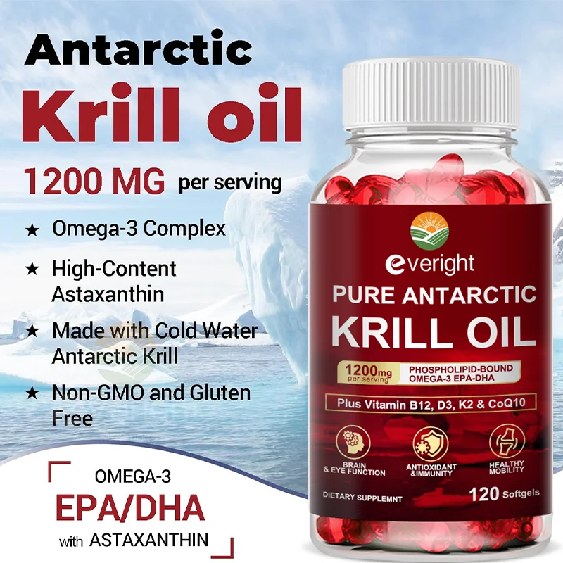 Antarctic Krill Oil 1200 mg with Omega-3 Supplement, EPA & DHA, Astaxanthin & Phospholipids for Heart, Joint, Brain Antioxidant