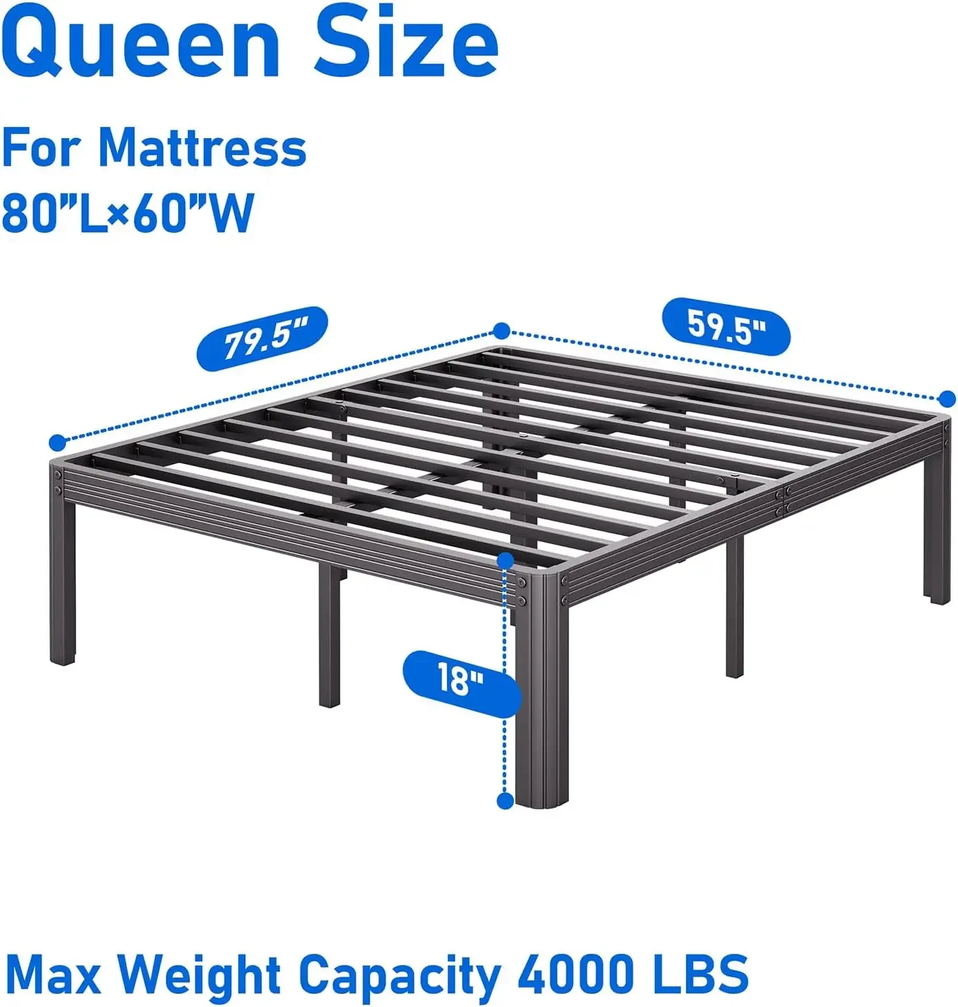 18 inch queensize bedframe met ronde hoekpoot, geen boxspring nodig, robuust metalen platformbedframe, geluidsvrij ma