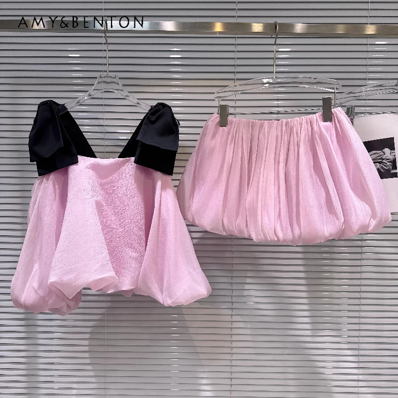 

2026 Summer New Sweet Temperament Women's Bow Vest Original Design Pink Fashion Cute Age-Reducing Short Bud Skirts Sets Ladies