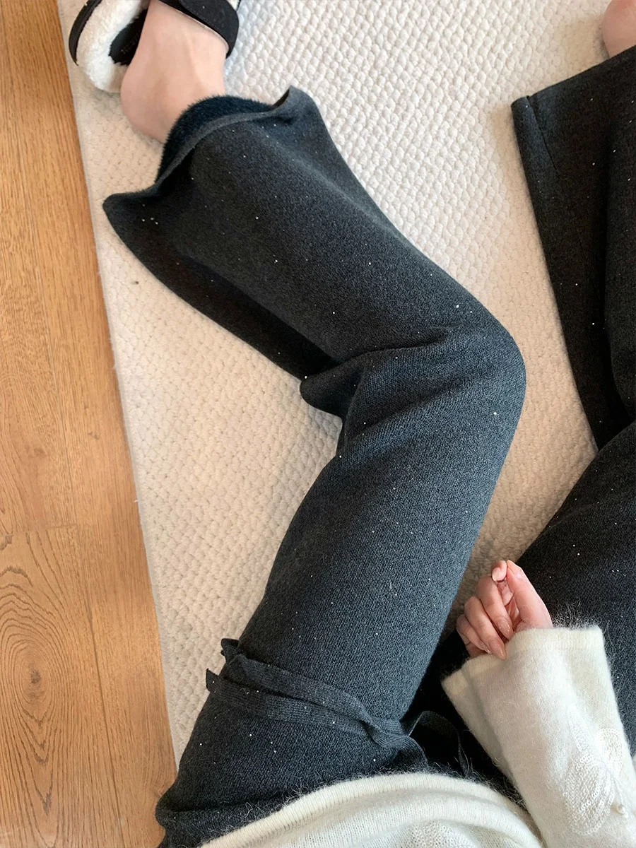 

Deep Grey Fleece Lined Knitted Straight Leg Pants Women's Autumn Winter New Style Lazy Drapey Versatile Slimming Wide Leg Pants