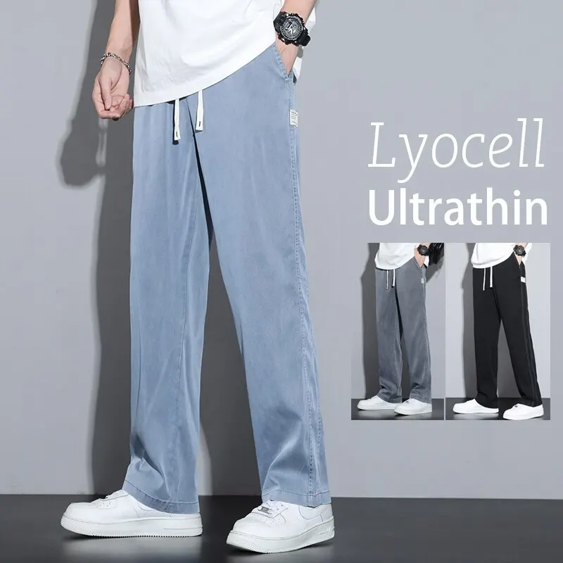 Summer Soft Lyocell Fabric Men\'s Jeans Thin Loose Straight Pants Drawstring Elastic Waist Korea Casual Trousers Plus Size M-5XL