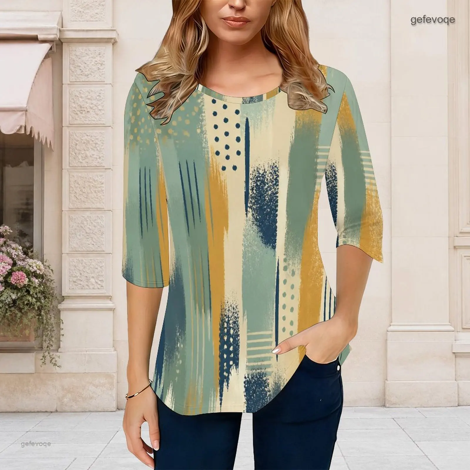 Women Black Blue Ink Splash Printed Round Neck 3/4 Sleeve Curved Hem Top