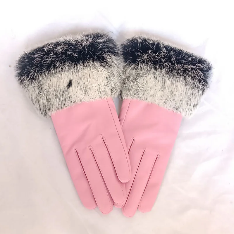 Luxury Winter Warm Genuine Leather Glove With Fluffy Natural Rabbit Fur Cuff Women Thick Multi Color Real Sheepskin Gloves