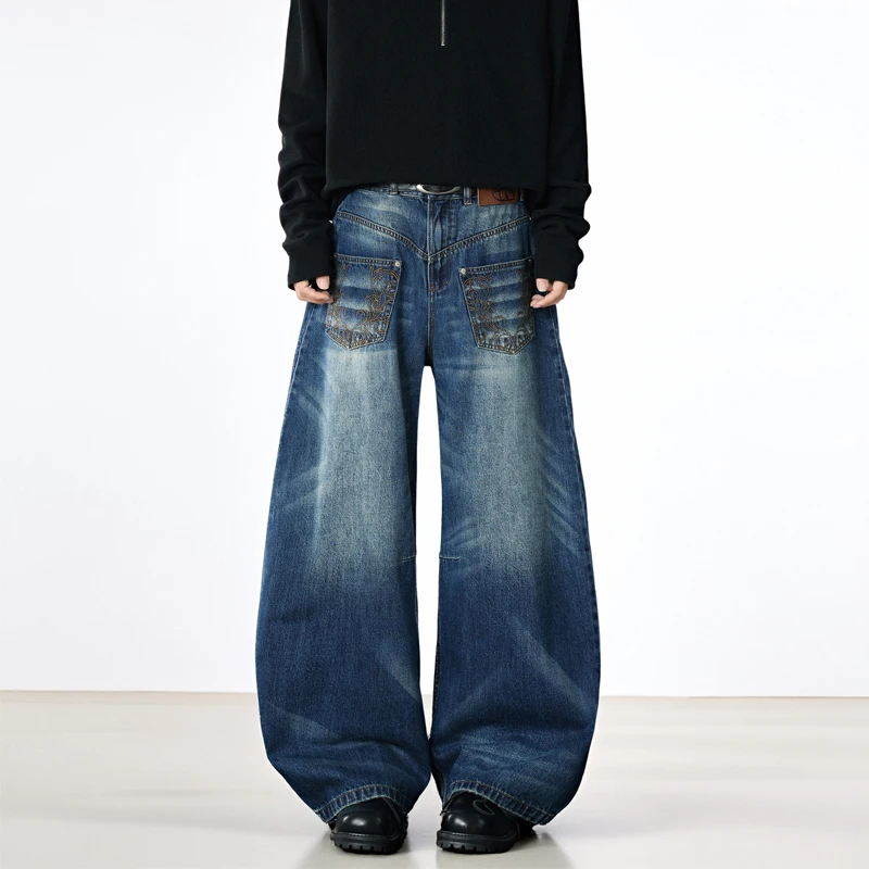 

Мужские джинсы в американском стиле с вышивкой, контрастной окраской и эффектом потертости, прямые брюки из денима