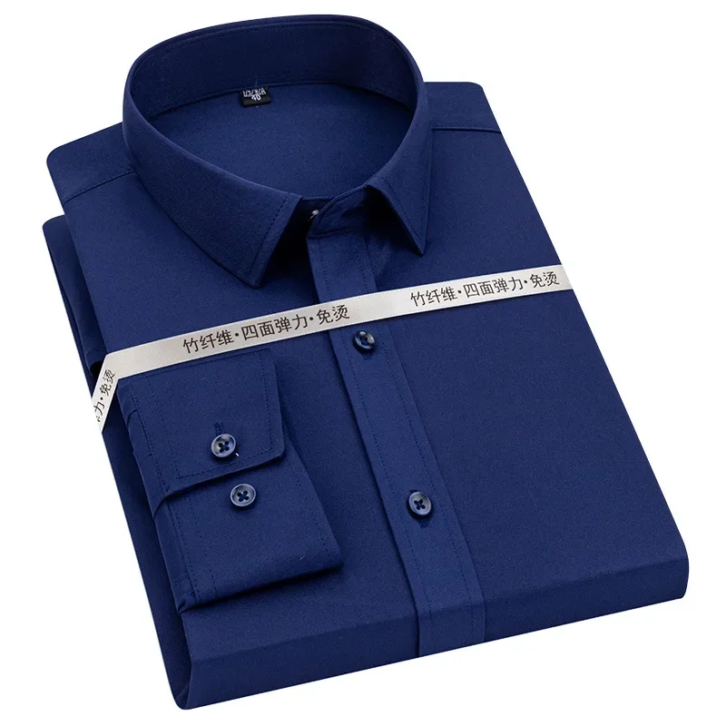 

New Men's Business Dress Shirt Solid Color Black Navy Non-iron Clothing Anti-wrinkle Elegant Long-sleeved Shirts For Men Daily