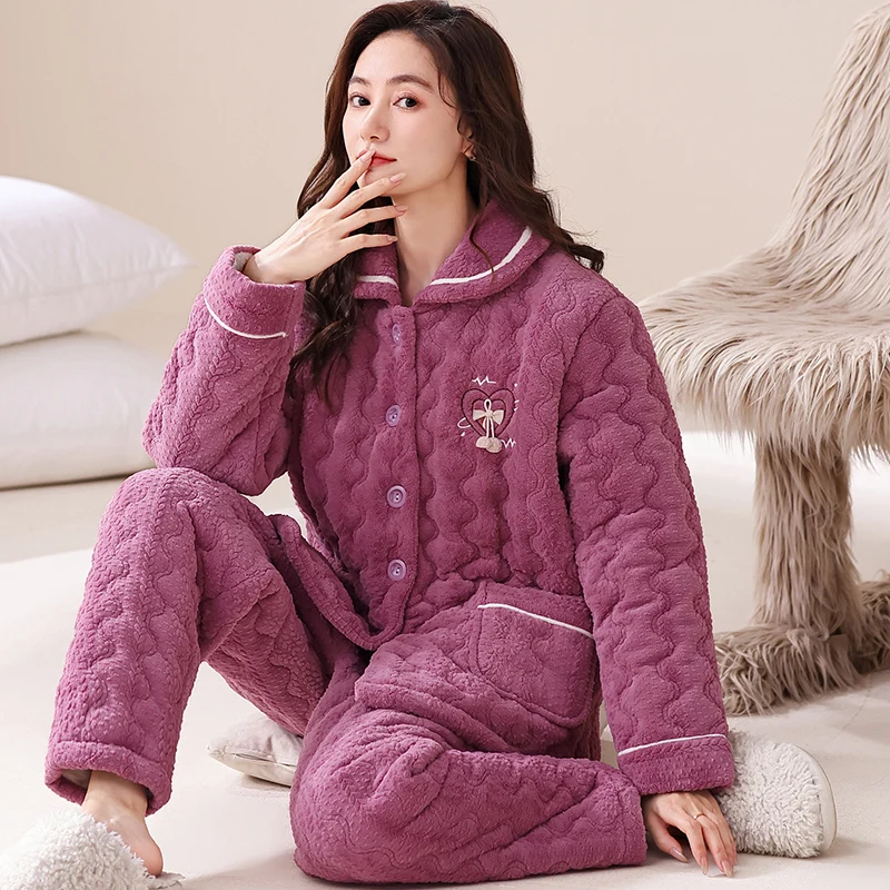 Big Size M-3XL Winter Three-layer Clip Cotton Pajamas Set Women Warm Home Clothing