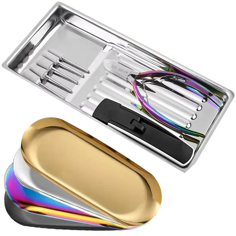 Kare Paslanmaz Çelik Kozmetik Depolama Tepsisi Manikür Tırnak Sanat Plaka Cımbız Clippers Kalem Konteyner Yanlış Çivi Bulaşık Araçları