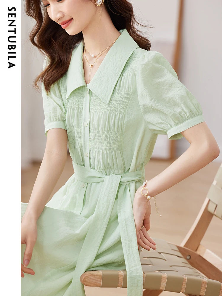 Sentubila abito camicia con cintura Smocked verde chiaro per donna 2023 elegante colletto rovesciato manica A sbuffo una linea abiti estivi al