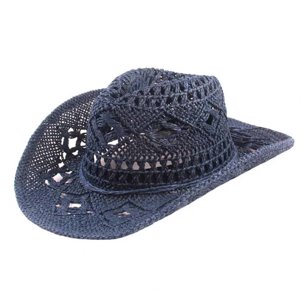 Cowboy Hat Classic Vintage Hollow Out Unisex Curled Edge Wide Brim Men Sun Hat Fishing Hat Handmade Cowboy Straw Hat Women Men