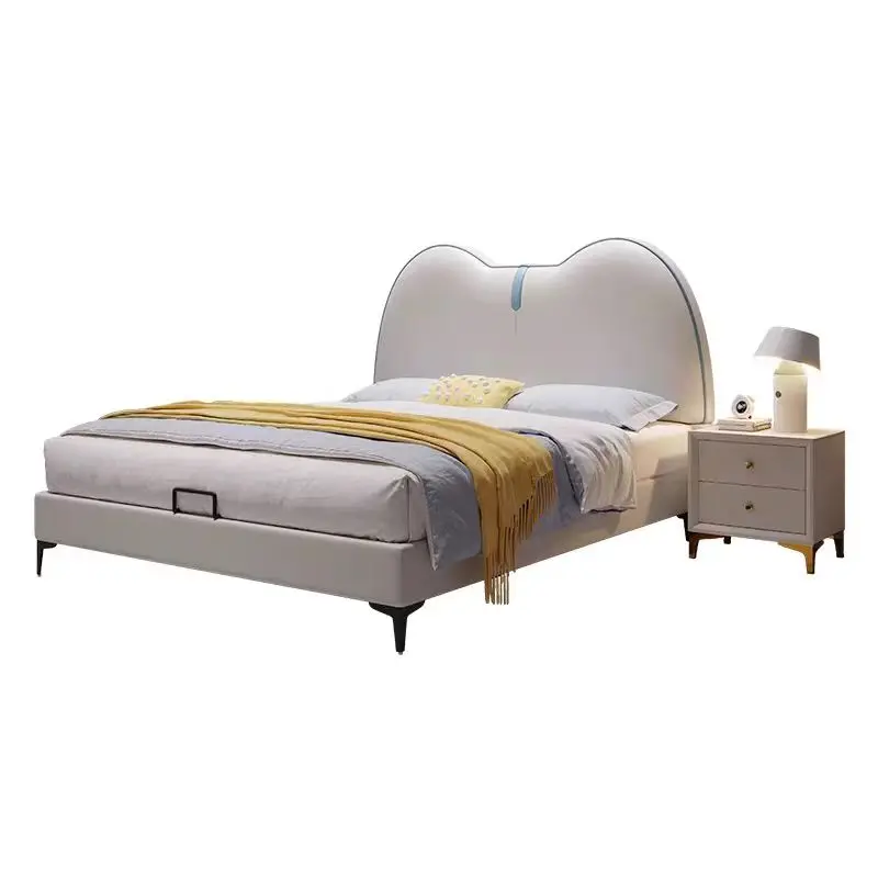 ！@Pink Leather Kids Bed with Cloud Shaped Headboard Leather Bed With Drawers and Storage