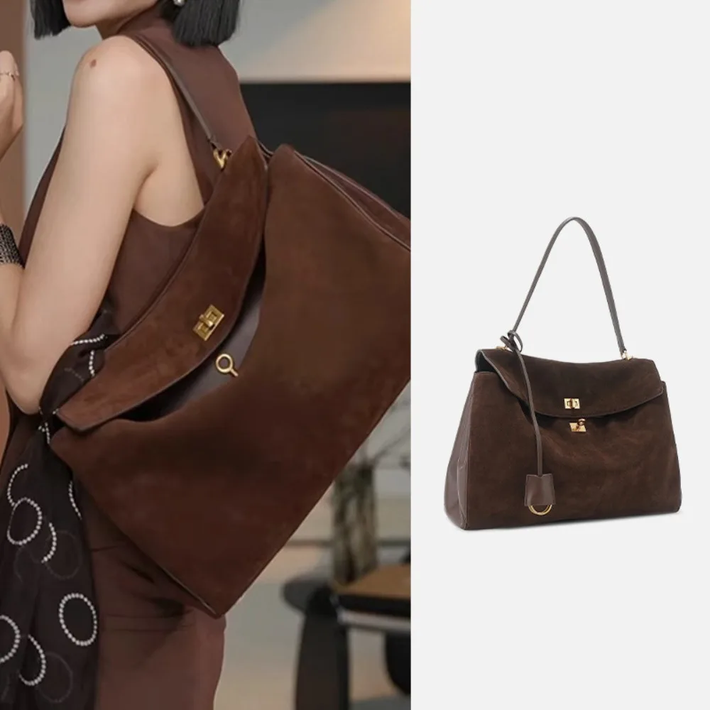 

Autumn Winter Casual Versatile Fashion Large Capacity Suede Splicing Cowhide Lock Portable Underarm Commuter Shoulder Tote Bag