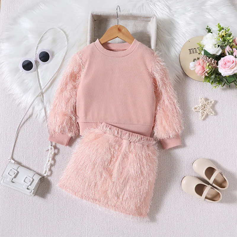 Little Girls Autumn 2 Piece Outfits 1-6T Kids Long Sleeve Crewneck Sweatshirt Tops Pink Plush Skirt Set