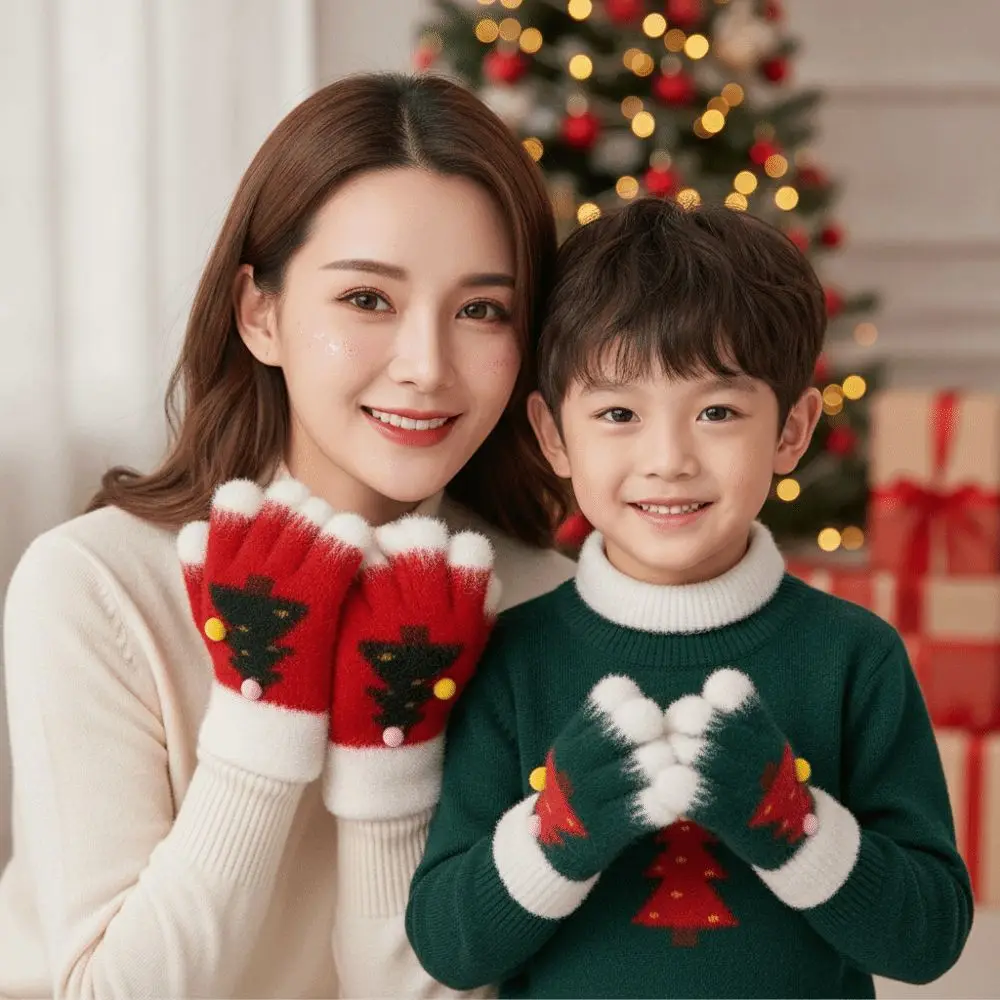 Red Green Christmas Gloves Cuff Knitted Woolen Winter Knit Mittens Soft Texture Elastic Wrist Touchscreen Full Finger