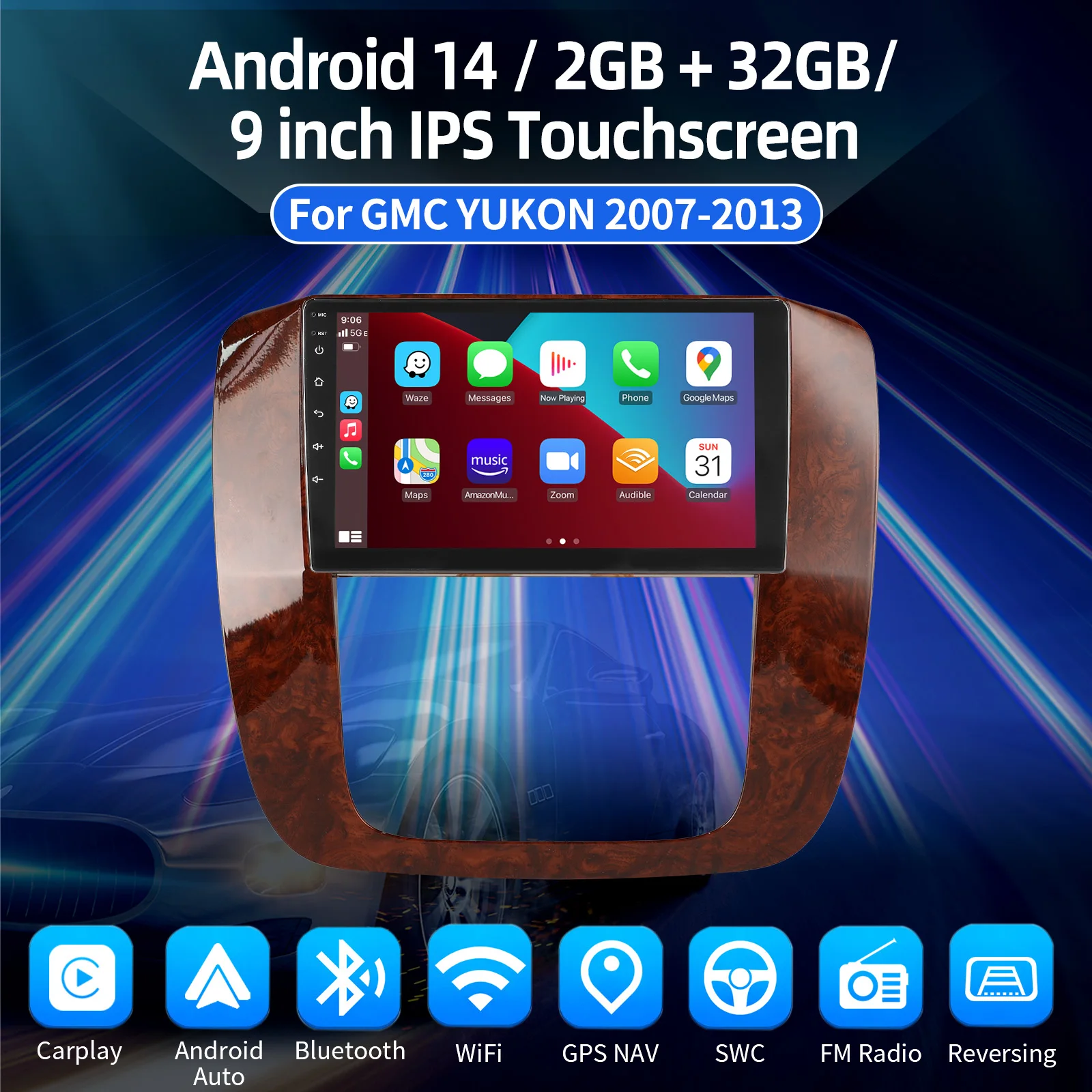 9インチ GMC シボレー 2007-2014 タホ サバーバン ワイヤレスCarPlay Android14 ラジオ ステレオ WiFi GPS Bluetooth タッチスクリーン SWC+DVR&カメラ