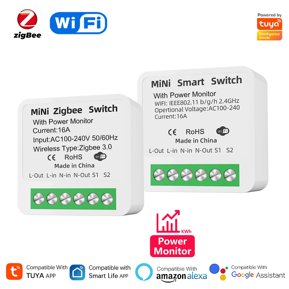 Mini interruptor inteligente Tuya WiFi/Zigbee, Monitor de potencia, Control de 2 vías, interruptor de sincronización de voz, funciona con el