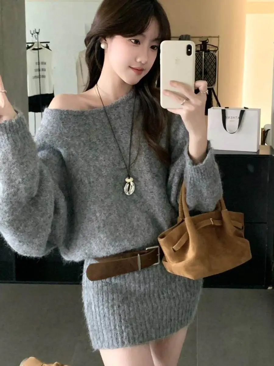 Laid-back Shoulder Bared Knitted Sweater Unique Loose Waist-Cinching Baggy Midi Dress with Belt for Women Autumn Fashion - view 3