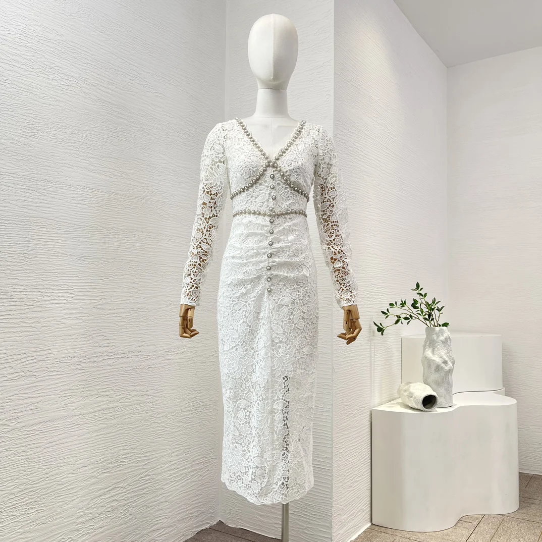 Spring Summer New 2023 White Vintage Graceful Hook Flower Hollow Pearl Lace Embroidery Long Sleeve Midi Dress for Woman