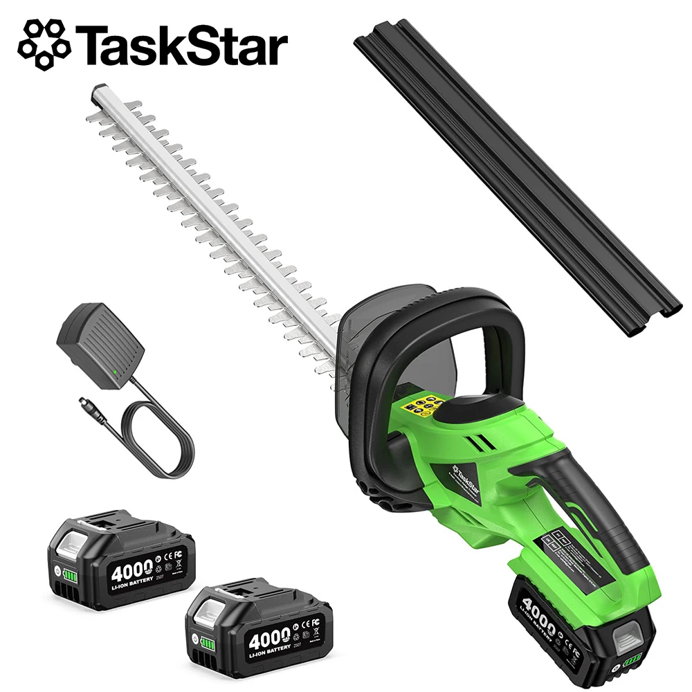 

Аккумуляторный кусторез TaskStar 22 дюйма, электрический ручной триммер для сада и кустарников с 2 аккумуляторами 4.0 Ач и двойным лезвием