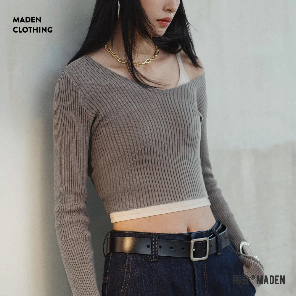 Maden Women Vertical Strip Knitwear Black Short Slim Tops Fall and Winter Innerwear Female Solid Color V-Neck Pullover Gray Top