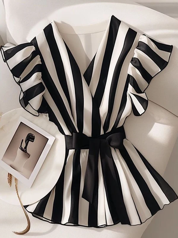 Ele minceur Bla blanc haut rayé Faionable Little Fly Sve irt Sli trajet Sle coupe ample ort Sve V Ne