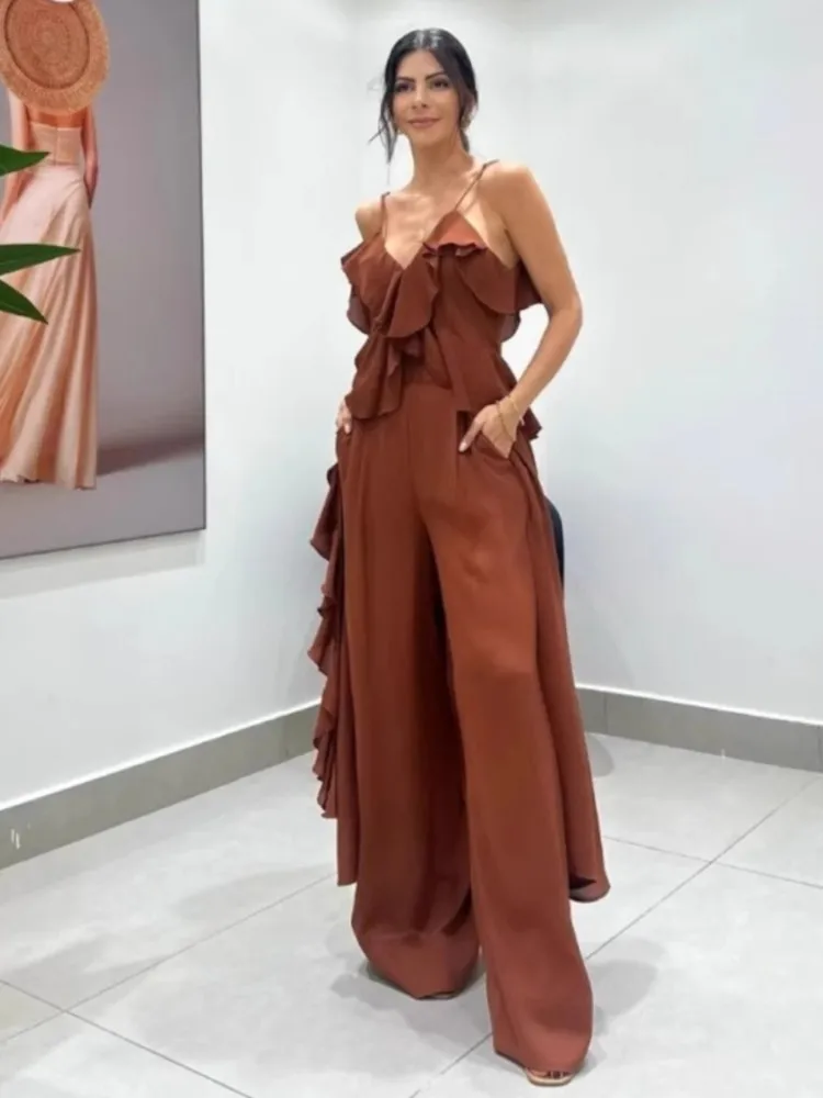 

Women Summer Sets Ruffled Strappy Off The Shoulder Sexy Tops High Waist Wide Leg Pants Fashion Pants Sets Female 2 Piece Set