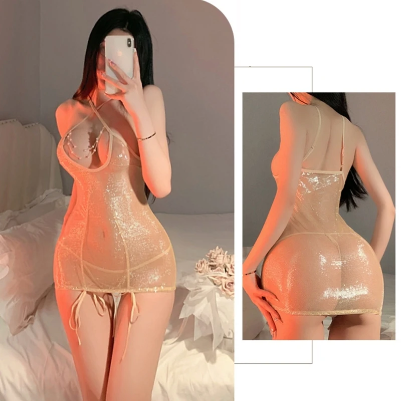 2023 New Lingerie for Women Backless Babydoll Chemise Negligees Sexy Exotic Nightgowns Halter Nighties Sheer Mesh