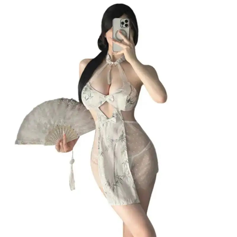 

Sexy Cheongsam Pure Desire Fun Uniform Date Outfit Dress Backless Deep V Suspenders Sleeveless Dress Pure Desire Charming KROR