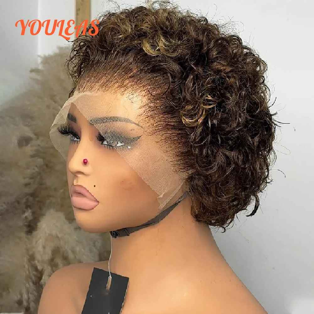 

Pixie Cut Short Bob Honey Blonde Ombre 4 27 Colored Wig Curly 13x4 Transparent Lace Front Human Hair Glueless Wigs For Woman