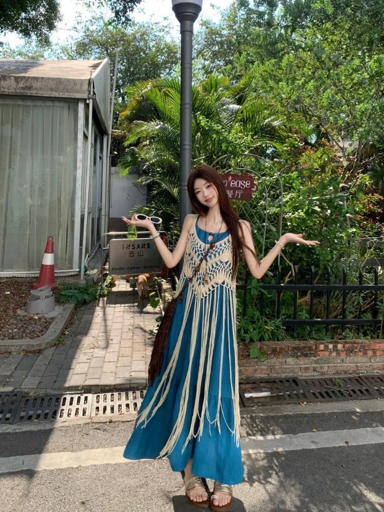 

Sweet Vacation Beach Dress Sets Women Tassel Cover Up Vest Suspender Dress 2-piece Set Design All-match Long Dresses Outfits