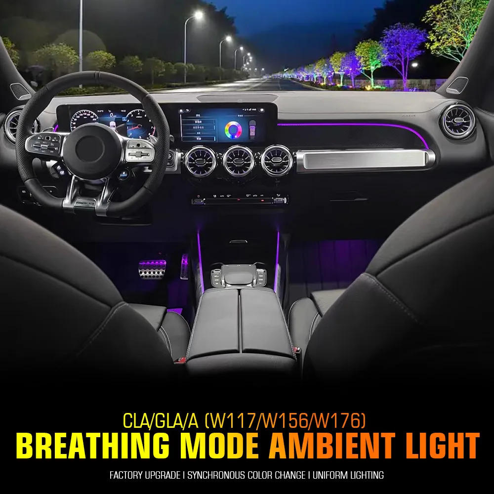 For Mercedes Benz A-Class W176 CLA C117 GLA X156 12/64Color LED Ambient Light Strip Center Console Door Interior Atmosphere Lamp