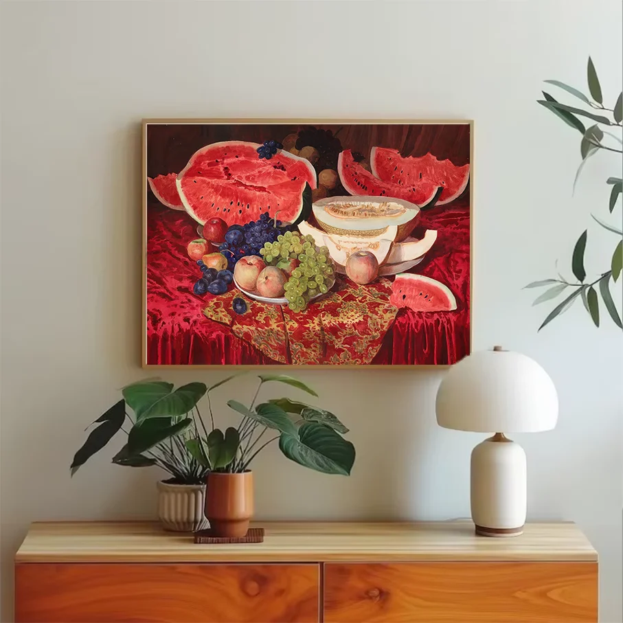 Modern Fruit Still Life frameless Canvas Print Wall Art Watermelon Grapes Peaches Melon Red Background Home Decor