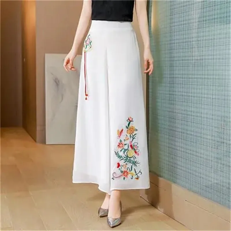 Upscale Silk Mulberry Silk Embroidery High Waist Wide Leg Pants Summer 2022 New Loose Fashion Solid Color Nine Points Hakama