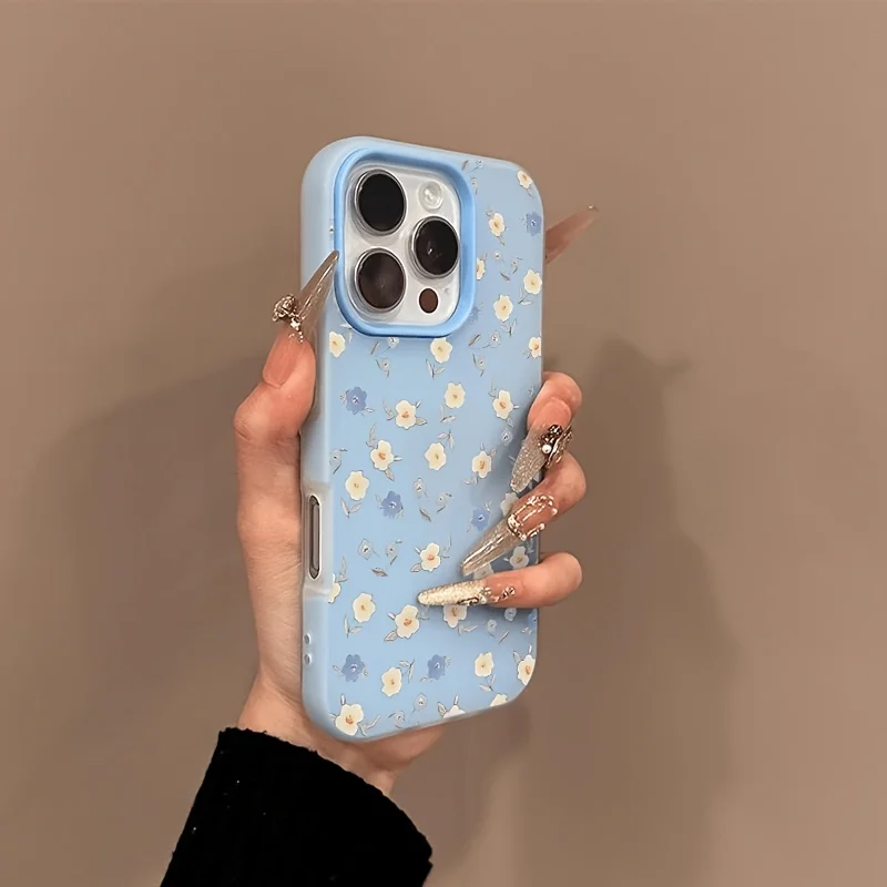White Blue Floral INS 2 in 1 Phone Case For Samsung Galaxy S26 S23 S25 S24 S22 Ultra Plus A37 A56 A55 A36 A35 Shockproof Cover