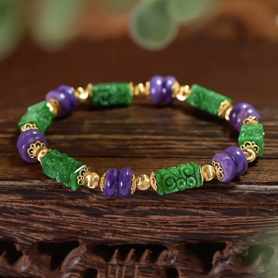 Natural Dry Green Grade A Jadeite Carved Tube Bead Bracelet Charoite Disc Beads, Gilded S925 Silver, Chinese-Style Jewelry