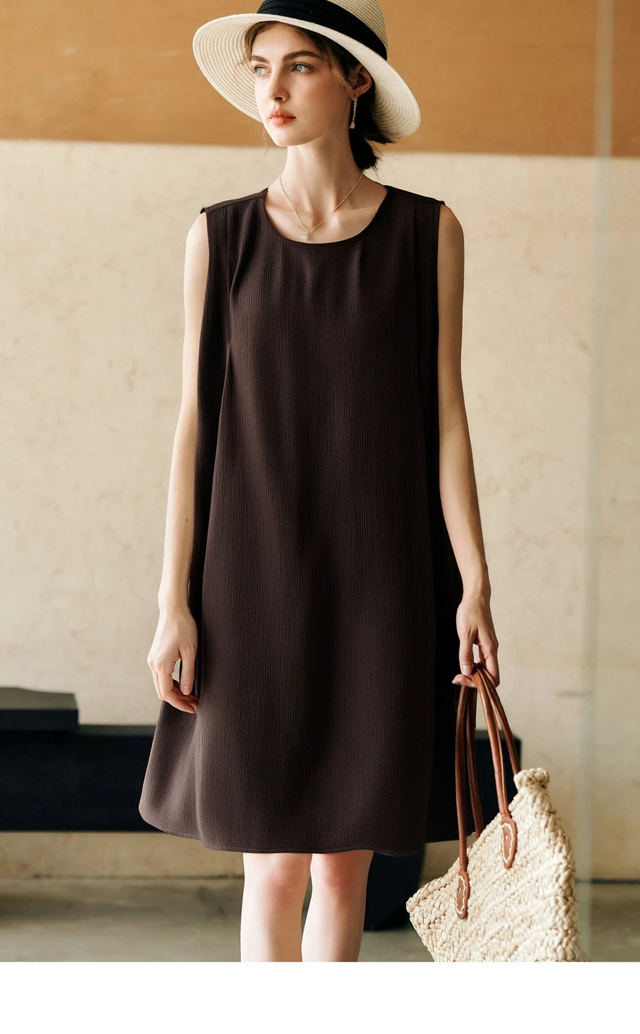 

OLrain Woman Summer 2025 French Brown Short Dresses Round Neck Bow Loose Waist A-LINE Sleeveless Vest Ladies Skirt O57XL98161