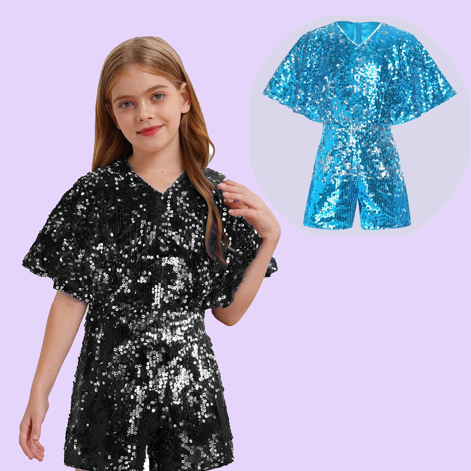 2025 Girls Sparkling Sequins Unitards Jumpsuit Cap Sleeve Bodysuit Childs Birthday Party Jazz Hip Hop Stage Performance Costume