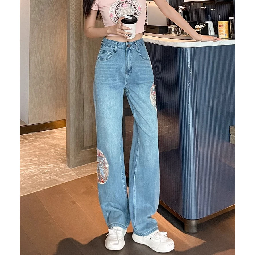 New Chinese national style embroidery wide-legged jeans female new high-waisted loose thin narrow version of straight pants tide