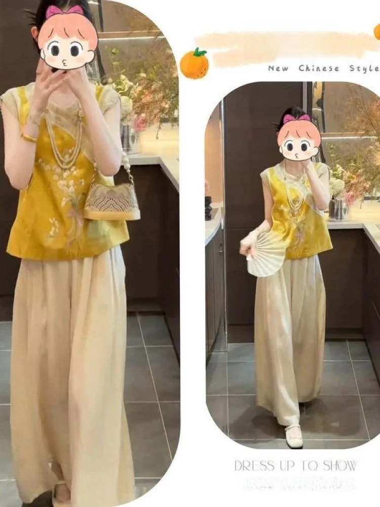 

New Chinese Style Fashionable Yellow Short Sleeve Loose Wide Leg Pants Retro Summer Women's Two Piece Set Elegant Simple