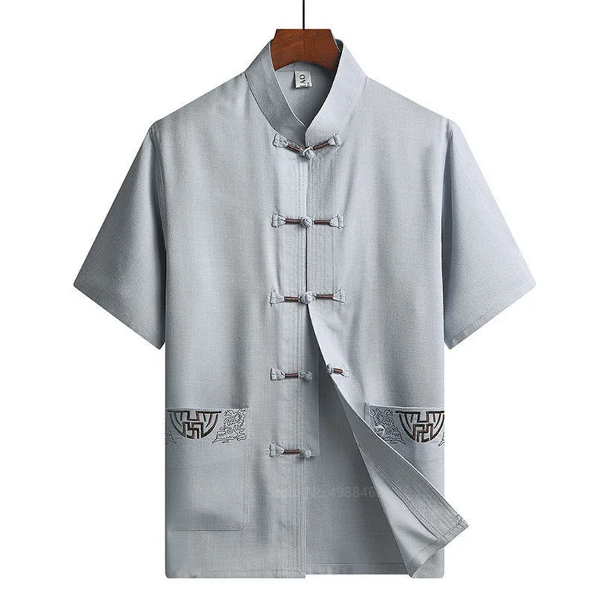 Traditional Chinese Clothing Set For Men Adult Tai Chi Kung Fu Uniforms Linen Short Sleeve Embroidery Casual Chinese Costumes