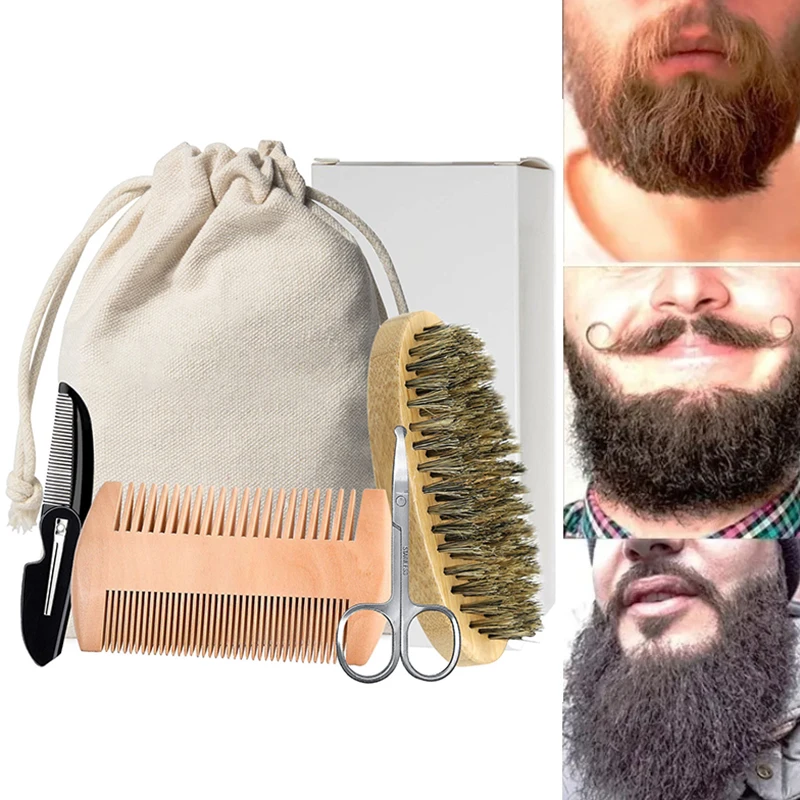 Varkenshaar Houten Baard Borstel Kits Met Gift Bag Professionele Zachte Kapper Scheerkwast Kam Set Mannen Snor Kammen