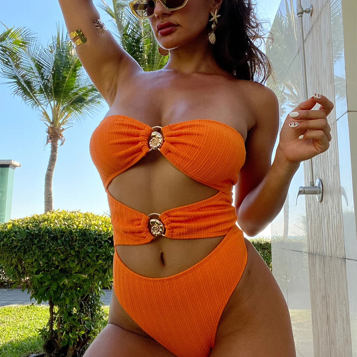 

New Sexy Bikini Hollow Solid Color Strapless Women's One-piece Swimsuit Fashion One Swimsuit Women